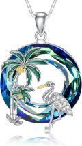 wholesale 925 Sterling Silver Blue Crystal Ocean Jewelry Necklace with Palm Trees and Flamingo Charm for Women-0-0