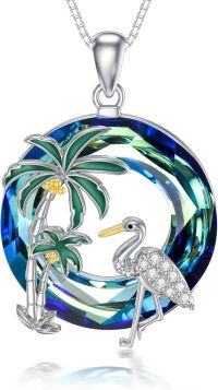 wholesale 925 Sterling Silver Blue Crystal Ocean Jewelry Necklace with Palm Trees and Flamingo Charm for Women-Crane