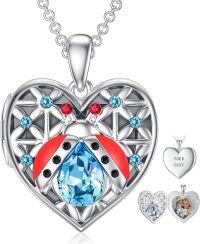 wholesale 925 Sterling Silver 925 Blue Crystal Red Enamel Heart Locket Pendant Necklace for Women and Girls-K-Ladybug Locket+Photo-K-Ladybug Locket Only-K-Ladybug Locket+Photo+Text