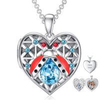 wholesale 925 Sterling Silver Heart Locket Pendant With Blue Gem And Ladybug Design Personalized Photo Frame For Women-K-Ladybug Locket+Photo-K-Ladybug Locket Only-K-Ladybug Locket+Photo+Text
