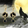 wholesale 925 Sterling Silver Gold Plated Black Onyx Howling Wolf Dangle Earrings-0-5