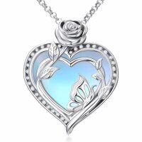 wholesale 925 Sterling Silver Rose Heart Pendant Necklace Wholesale With Blue Inlay And Cz Accents-rose butterfly mooonstone necklace