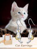 wholesale 925 Sterling Silver Crescent Moon Cat Drop Earrings with Gold Accents-0-5