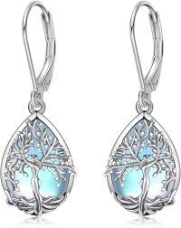 wholesale 925 Sterling Silver Blue Agate Tree of Life Drop Earrings for Women Girl's Gift Jewelry-moonstone teardrop tree