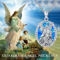 wholesale 925 Sterling Silver Guardian Angel Pendant Necklace Wholesale With Blue Enamel Inlay And Child Motif-0-5