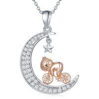 wholesale 925 Sterling Silver Crescent Moon Cat Riding Bicycle Rose Gold Cz Pendant Necklace-Sloth