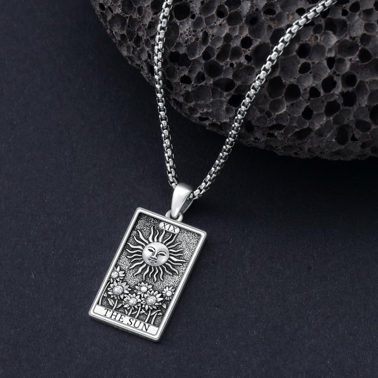 wholesale 925 Sterling Silver The Sun Tarot Pendant Necklace with Stainless Steel Chains for Women Men Gifts Jewelry 45cm Chain Length-0-5