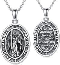 wholesale 925 Sterling Silver Oval Saint Raphael Protect Us Pendant Necklace for Women Men Catholic  24 Chain-Saint Raphael