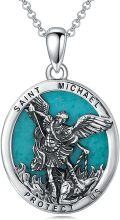 wholesale 925 Sterling Silver Round Genuine Turquoise St. Michael Pendant Necklace-0-0