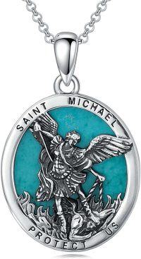 wholesale 925 Sterling Silver Round Genuine Turquoise St. Michael Pendant Necklace-St Michael