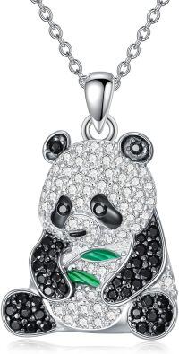 wholesale 925 Sterling Silver CZ Pendant Necklace - Cute Panda Design with Green Leaf Accents-Panda
