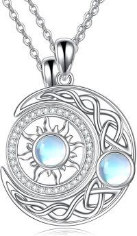 wholesale 925 Sterling Silver Metal Stone BFF Necklace Set with Moonstone and Celtic Knot Design - 3 Pendants (Heart/Sunflower/Butterfly)-Moontone Sun and Moon Set