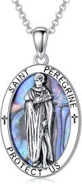 wholesale 925 Sterling Silver Oval St. Peregrine Pendant with Abalone Shell and Crosses on 24 Chain-0-0