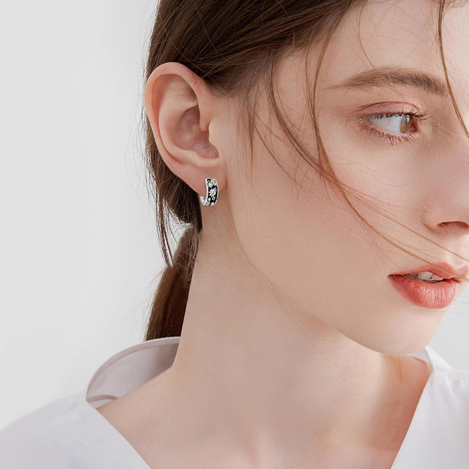 Metal Stone Flower Hoop Earrings Daisy Sunflower Morning Glory Floral Jewelry Gifts for Women-0-3