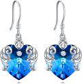wholesale 925 Sterling Silver Metal Heart Blue Crystal Dangle Earrings with Scrollwork Accents-0-0