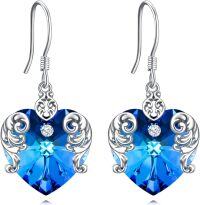 wholesale 925 Sterling Silver Metal Heart Blue Crystal Dangle Earrings with Scrollwork Accents-Crystal A