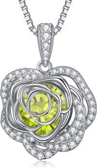 wholesale  Sterling Silver 12 Birthstone Rose Pendant Necklace Mother s Day Gift -8-Aug-Peridot