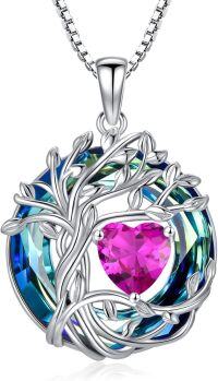 wholesale White Gold Yellow Gold Plated Sterling Silver Austrian Crystal Celtic Tree of Life Necklace-10-Oct-Pink Tourmaline White Gold-Blue Crystal
