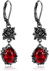 wholesale 925 Sterling Silver Red Crystal Gothic Drop Earrings with Black Roses for Women-black