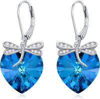 wholesale 925 Sterling Silver Blue Crystal Dragonfly Heart Leverback Earrings-F-Dragonfly-Blue