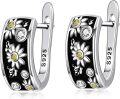 wholesale 925 Sterling Silver Black Enamel Daisy & Sunflower Huggie Hoop Earrings for Women Gift Boxed-0-0