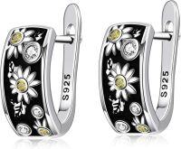 wholesale 925 Sterling Silver Black Enamel Daisy & Sunflower Huggie Hoop Earrings for Women Gift Boxed-White