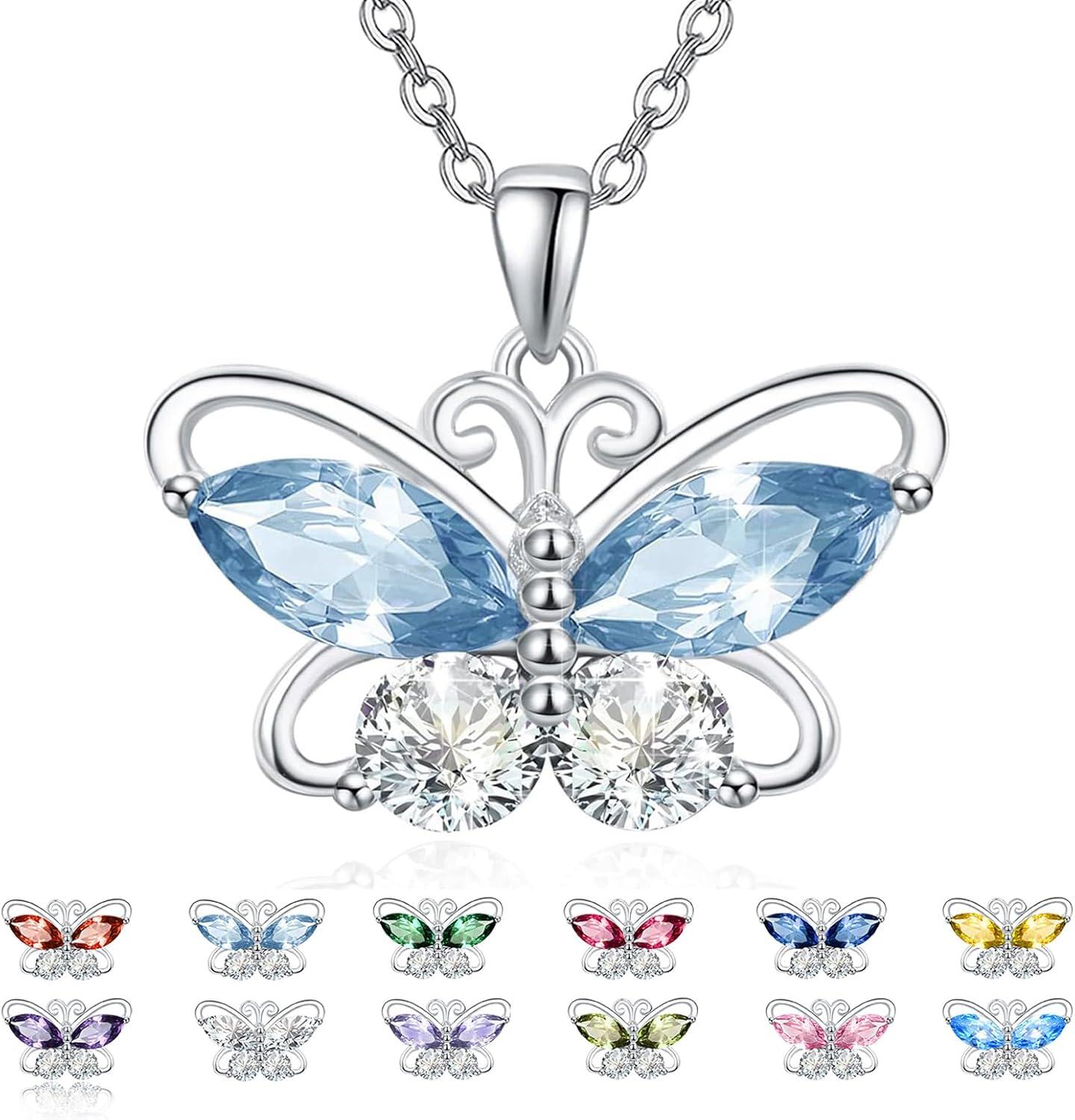 Sterling Silver Cubic Zirconia 12 Birthstone Butterfly Pendant Necklace-03-Mar.
