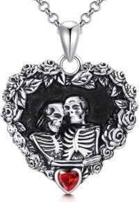 wholesale 925 Sterling Silver Gothic Skulls in Heart with Red Stone and Black Cat Charm Pendant & Chain for Women Men -A-Heart