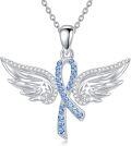 wholesale 925 Sterling Silver Angel Wings Blue Crystal Ribbon Breast Cancer Awareness Necklace-0-0