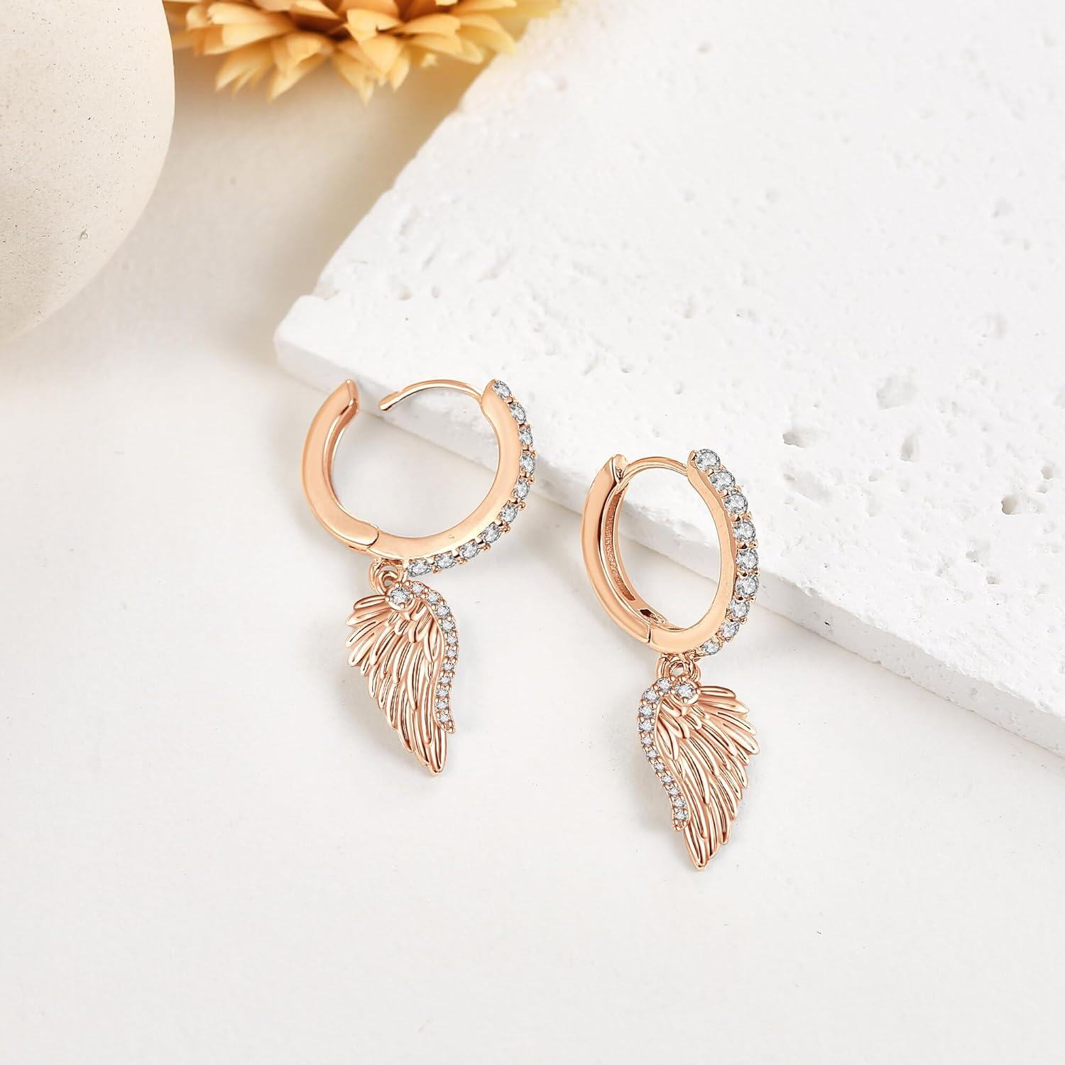 wholesale 925 Sterling Silver Rose Gold Plated Cubic Zirconia Angel Wings Hoop Drop Earrings for Women-0-2