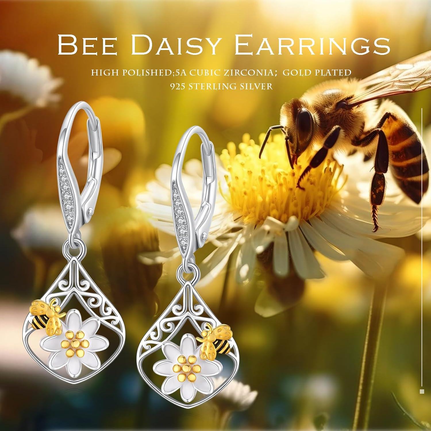 wholesale 925 Sterling Silver Bee & Flower Hypoallergenic Leverback Earrings-0-5