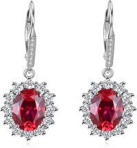 wholesale Sterling Silver Oval Cut Birthstone Dangle Leverback Earrings for Women Mom-Rubby Red