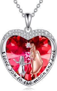 wholesale 925 Sterling Silver Heart-Shaped Red Crystal Pendant Necklaces with Engraved Message I Love You to the Moon and Back - Perfect Gifts for Mother's Day or Birthday (Mom/Daughter/Grandma)-Mom & Daughter with Ruby Crystal