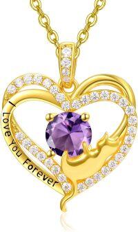 wholesale Sterling Silver Birthstone Cat Projection Heart Pendant Necklace-Gold-02 Feb - Amethyst