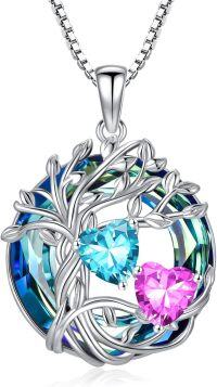 wholesale 18K White Gold Filled Sterling Silver Family Tree Pendant with 2 Heart Birthstones Blue Austrian Crystal Necklace for Women-03-10-Mar-Oct Birthstone
