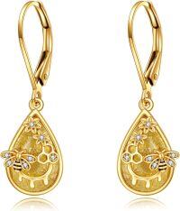 wholesale 14K Gold Yellow Resin Bee Honeycomb Daisy Flower Drop Dangle Lever Back Earrings for Women-bee 1