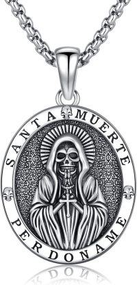 wholesale 925 Sterling Silver Santa Muerte Triple Moon Witch Knot Skull Cowboy Pendant Necklace-B4-Santa Muerte