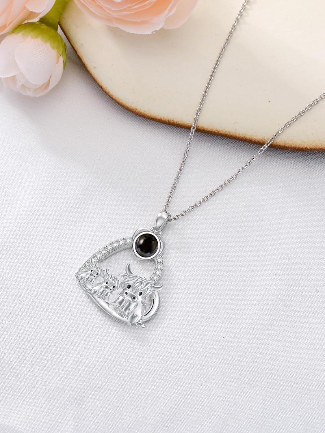 wholesale 925 Sterling Silver Black Agate Highland Cow Family Heart Necklace Scottish s for Women Girls-0-3