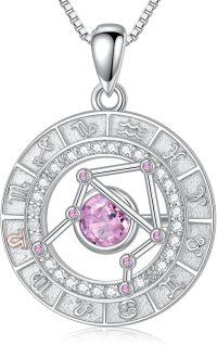 wholesale 925 Sterling Silver White Gold Plated Zodiac Necklace with Birthstone for Women-Libra&Tourmaline&09.23-10.22