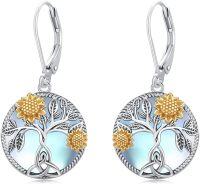 wholesale 925 Sterling Silver Tree of Life & Sunflowers Leverback Earrings for Women Girls Gift-A-Moonstone Sunflower