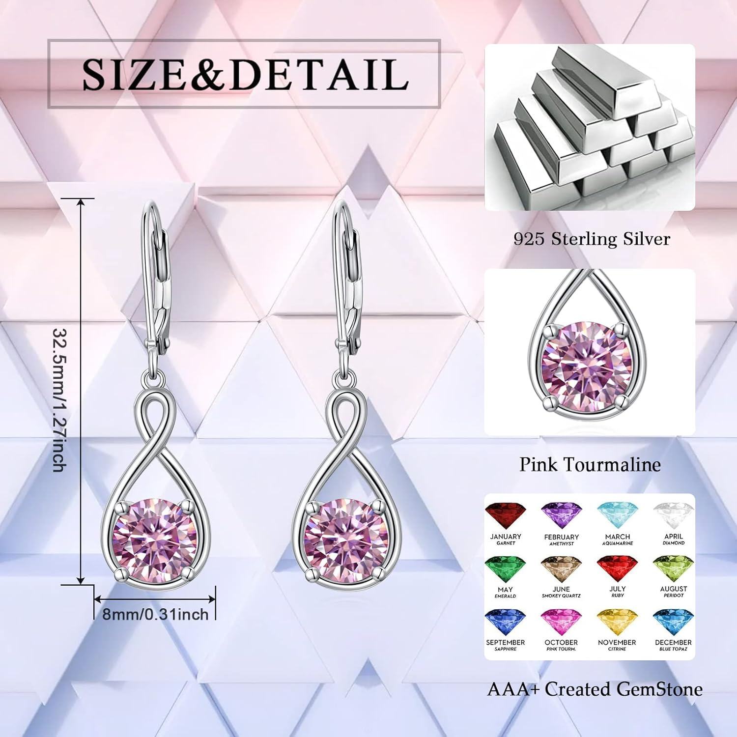 Sterling Silver Birthstone Dangle Drop Earrings Infinity Valentine s Day Jewelry Gifts for Women Girls-0-4