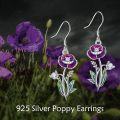 wholesale 925 Sterling Silver Purple Poppy Flower Drop Dangle Earrings with Green Leaves and CZ Stones for Women Girls -0-5
