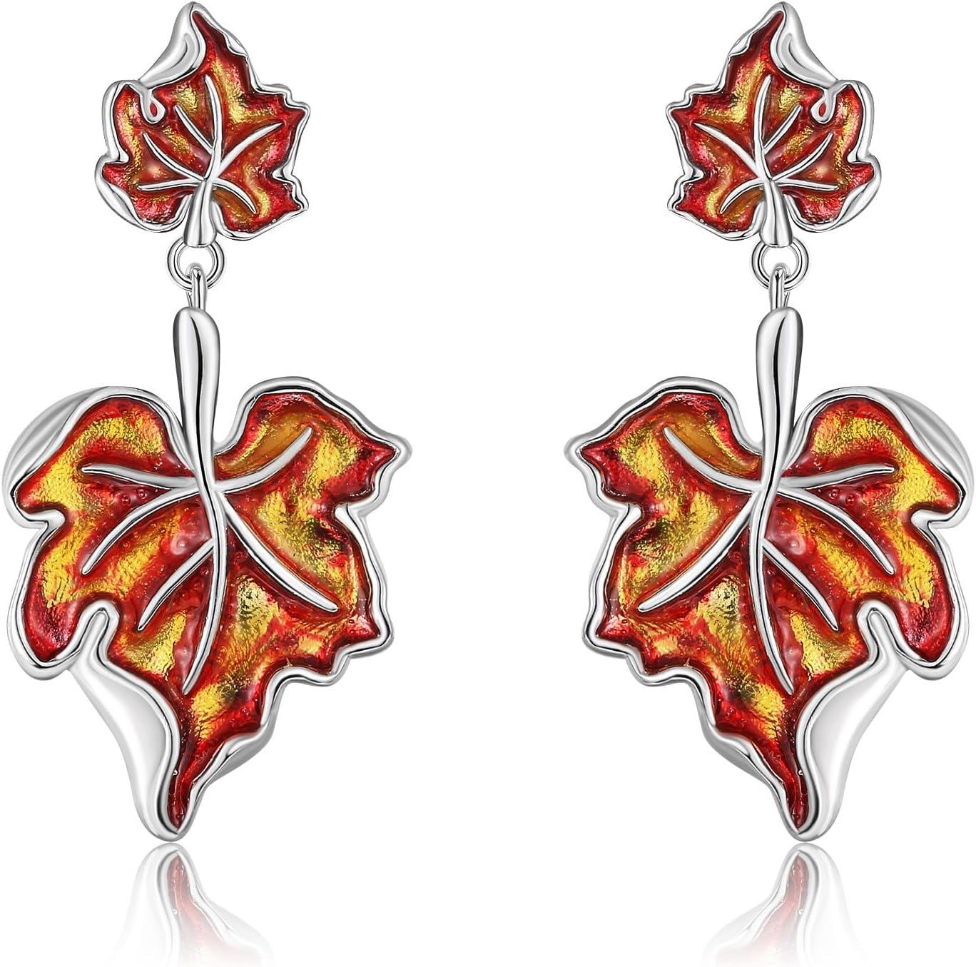 wholesale 925 Sterling Silver Maple Leaf Drop Dangle Earrings with Red and Gold Enamel Finish for Women Girls Gifts-0-0