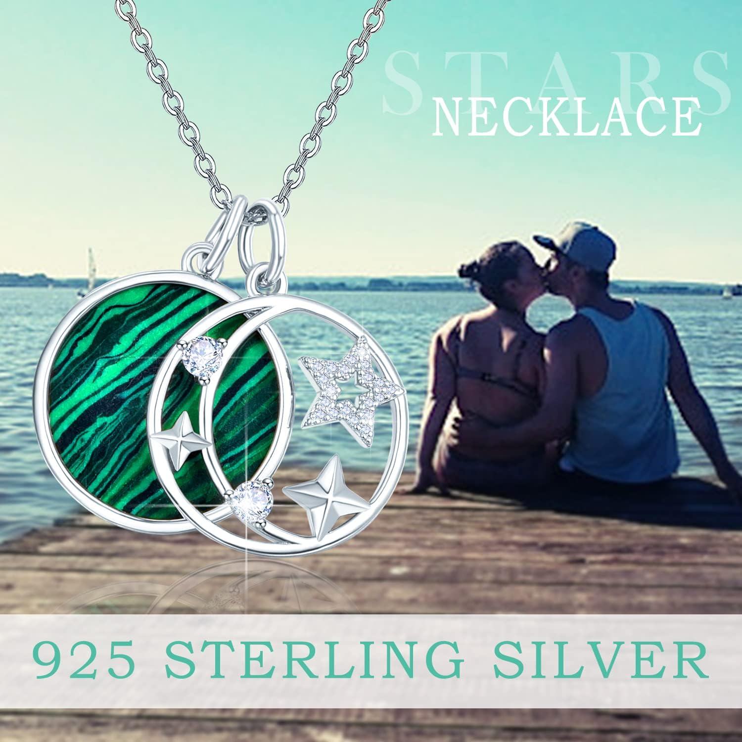  Sterling Silver Silver Abalone Pink Fritillary Malachite Moon Star Pendant Necklace -0-5