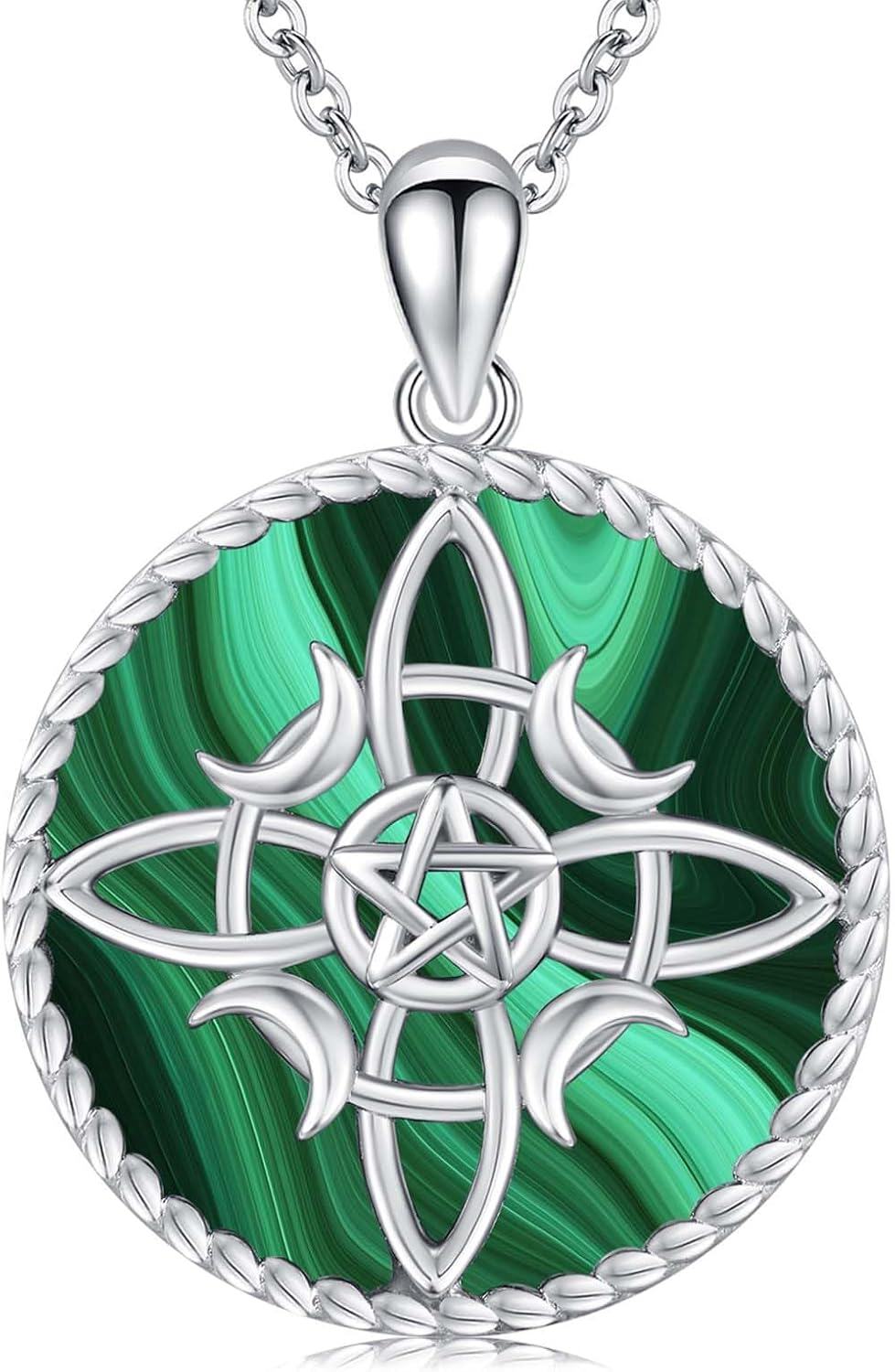 925 Sterling Silver Celtic Pentagram Green Malachite Pendant Necklace-0-0