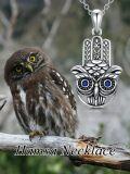 wholesale 925 Sterling Silver Owl and Hamsa Pendant with Blue Eyes on Chain-0-5