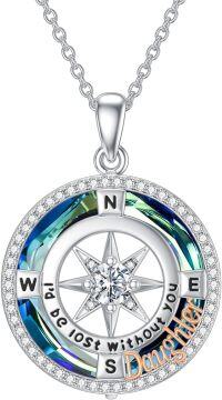 wholesale 925 Sterling Silver with Cubic Zirconia & Blue Crystal Compass Necklace for Daughter I'd Be Lost Without You Inspirational Gift-Daughter