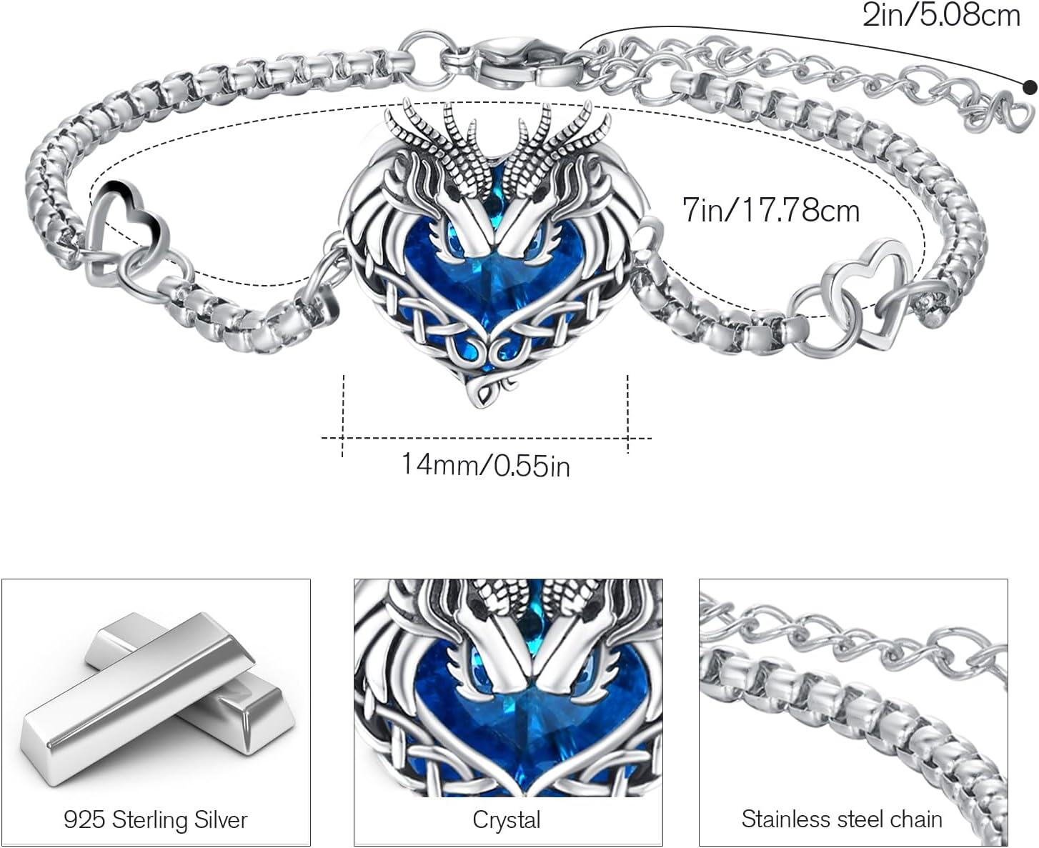 wholesale 925 Sterling Silver Heart-Shaped Blue Crystal Celtic Dragon & Wolf Adjustable Bracelet for Women-0-4