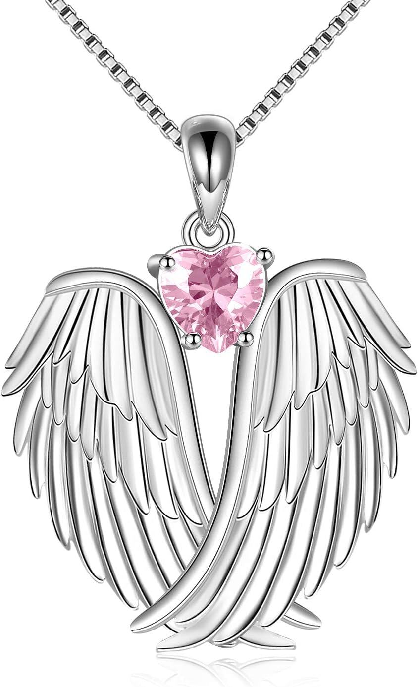Sterling Silver Birthstone Angel Wings Pendant Necklace-October-Pink