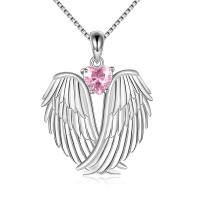 wholesale 925 Sterling Silver Wings Heart Pendant Necklace-October-Pink